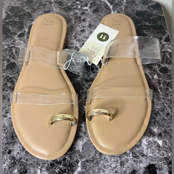 a new day Shoes - A New Day Womens Honey Metal Toe Loop Double Band Slide Sandals Tan Brown 11